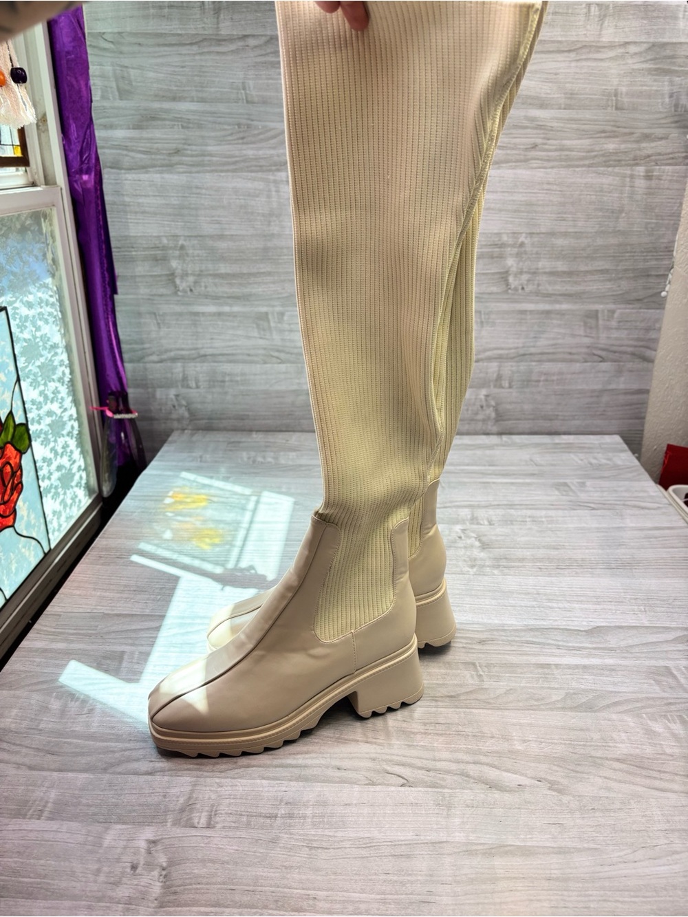 Fashion Nova Sofie Cream Over-the-Knee Platform Chelsea Boots Size 9